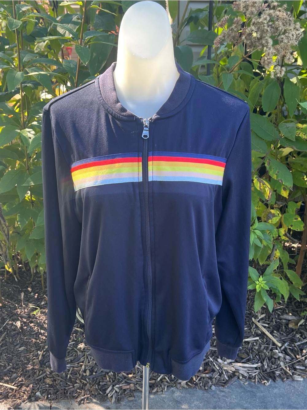 American Eagle Navy Zip Track Jacket with Retro Rainbow Chest Stripe size M